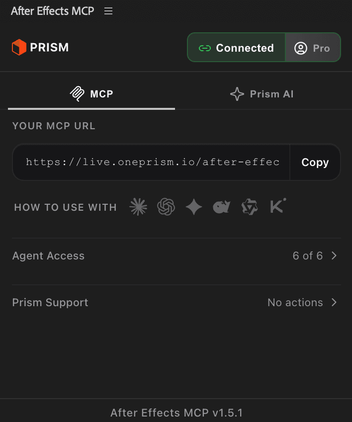 A screenshot of the Prism panel inside After Effects, connected on a Pro plan, showing the MCP tab with the MCP address https://live.oneprism.io/after-effects, a Copy button, the AI clients it works with, Agent Access and Prism Support.