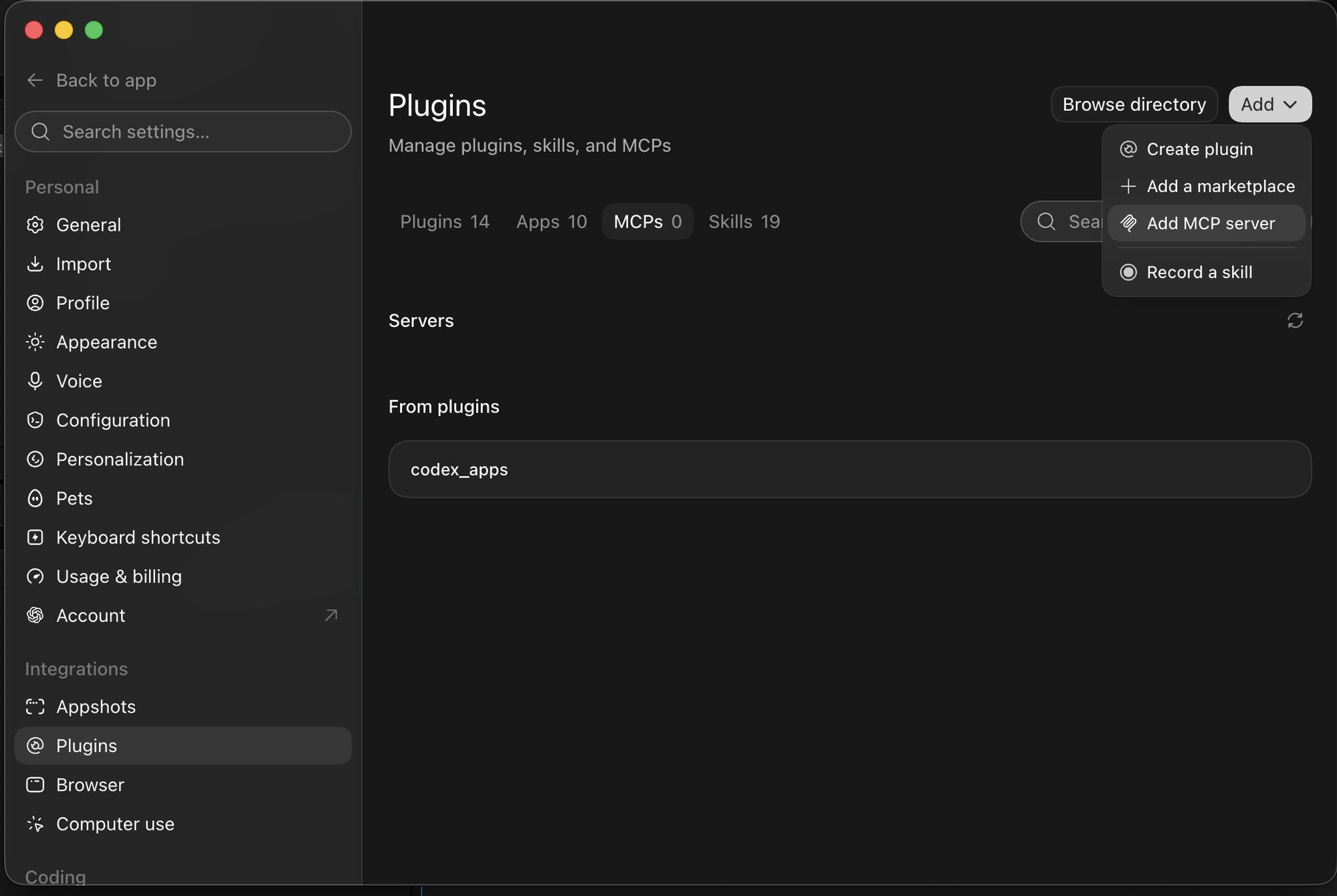 The ChatGPT settings window on the Plugins page, with the Add menu open and Add MCP server highlighted