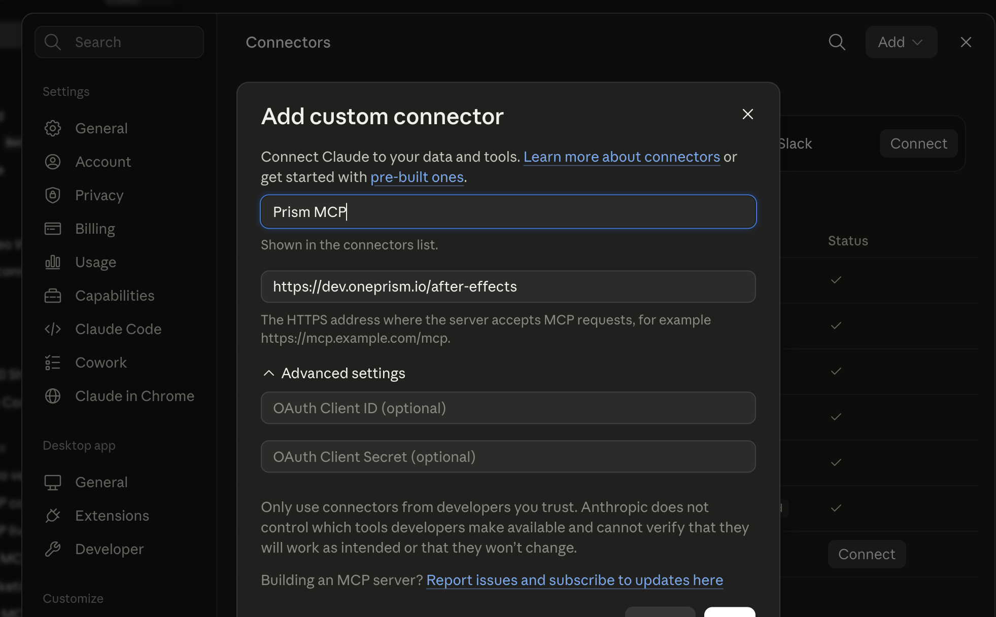 Claude's Add custom connector dialog, with the name Prism MCP and the address in the URL field