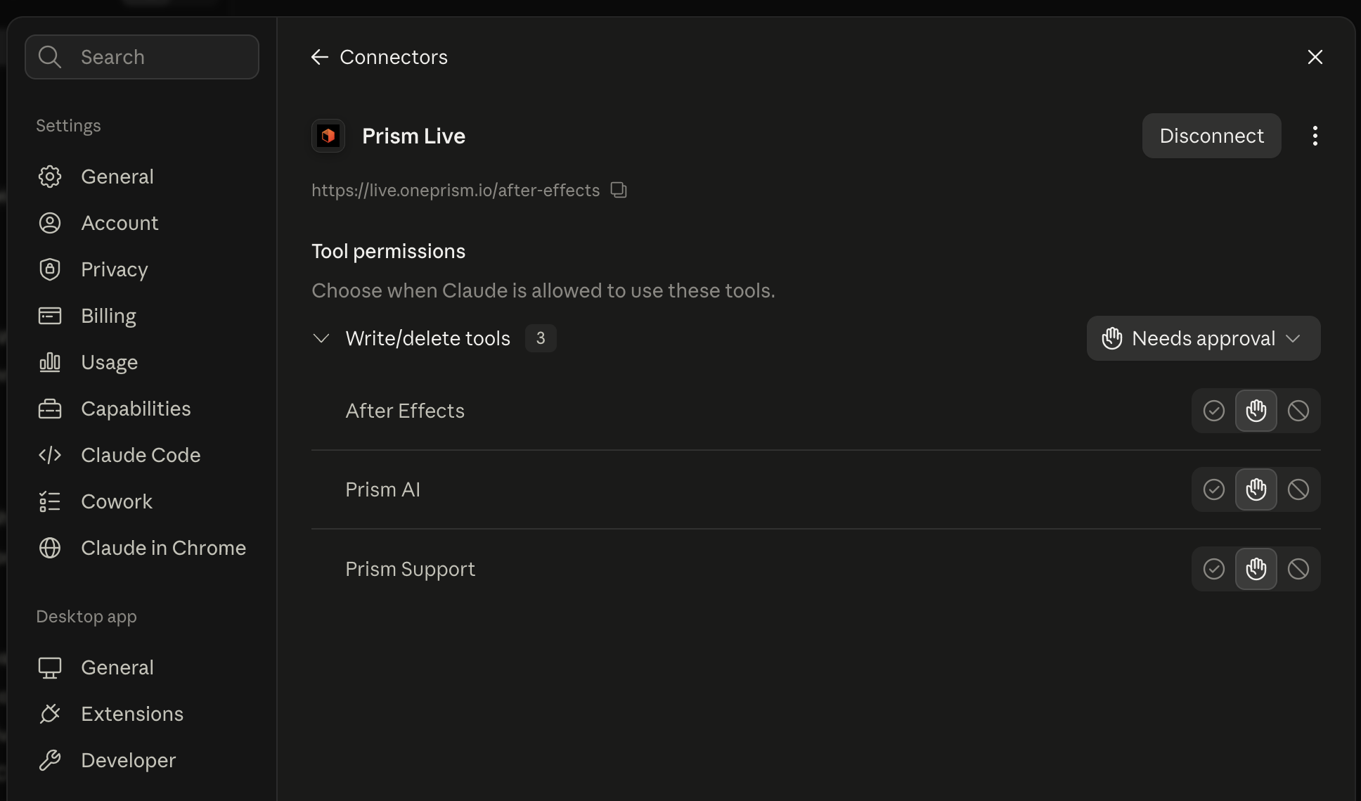 Claude settings on Connectors, showing Prism Live connected at live.oneprism.io with its three tools listed under Tool permissions