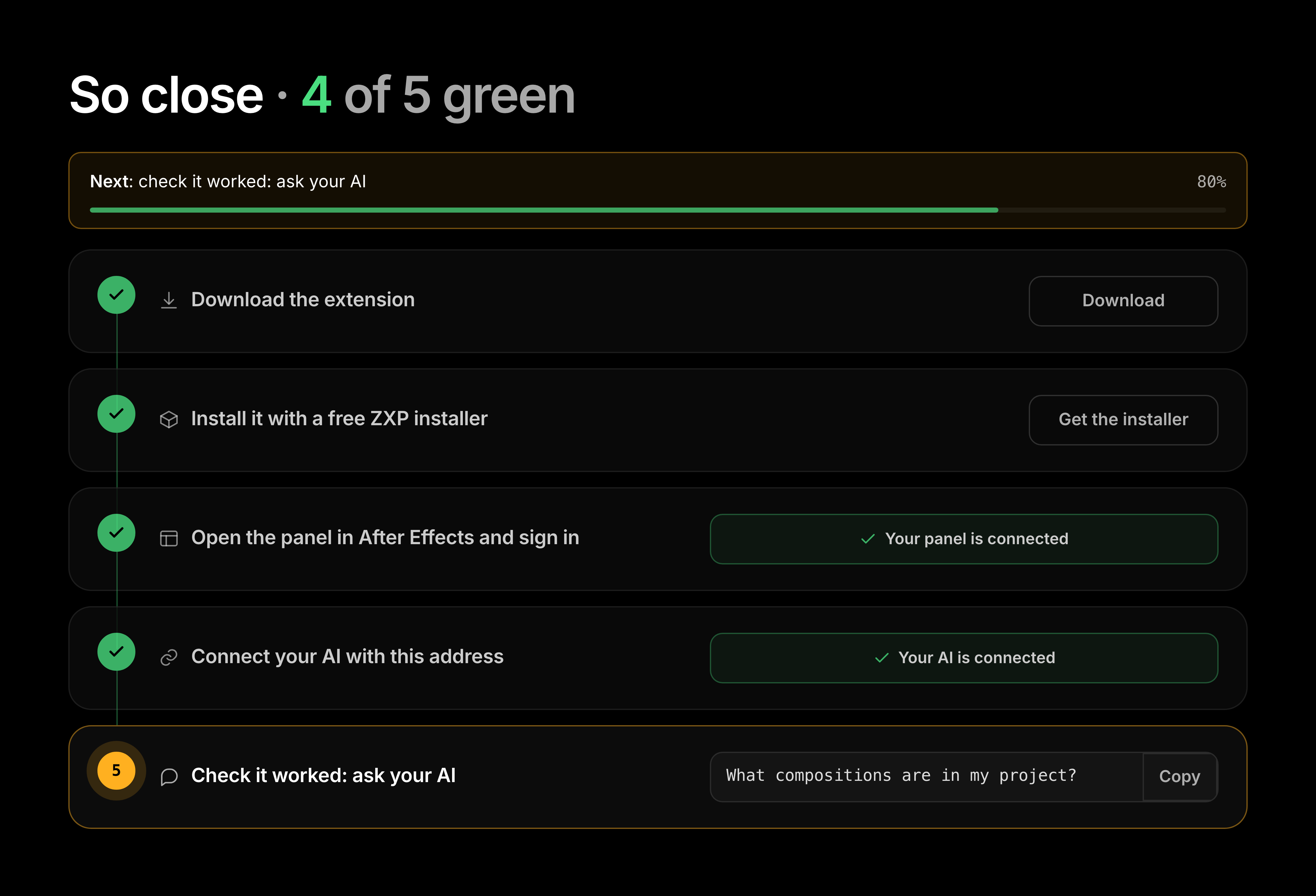 The Prism dashboard showing all five After Effects MCP setup steps, with completed steps marked green