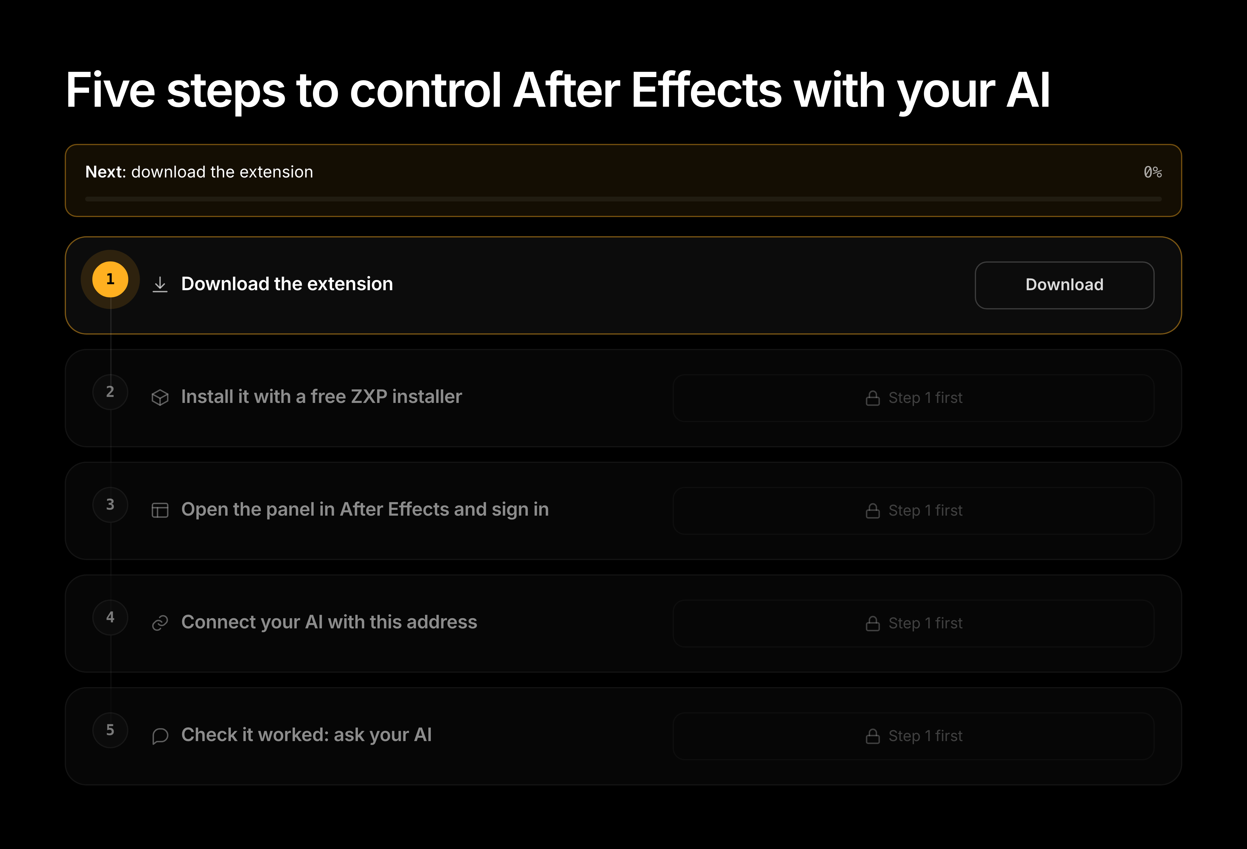 The Prism dashboard showing the five-step After Effects MCP rail, with the Download button on step one