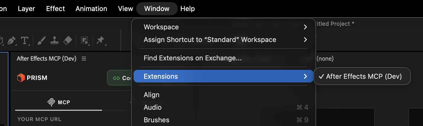The After Effects Window menu open with Extensions highlighted and After Effects MCP listed in its submenu