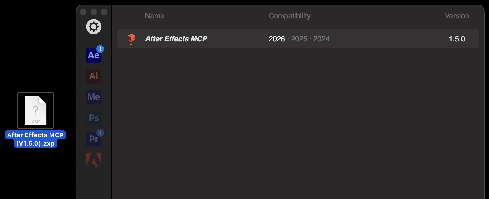 The ZXP UXP Installer listing After Effects MCP as installed, version 1.5.0, compatible with After Effects 2026, 2025 and 2024, with the .zxp file still on the desktop beside it
