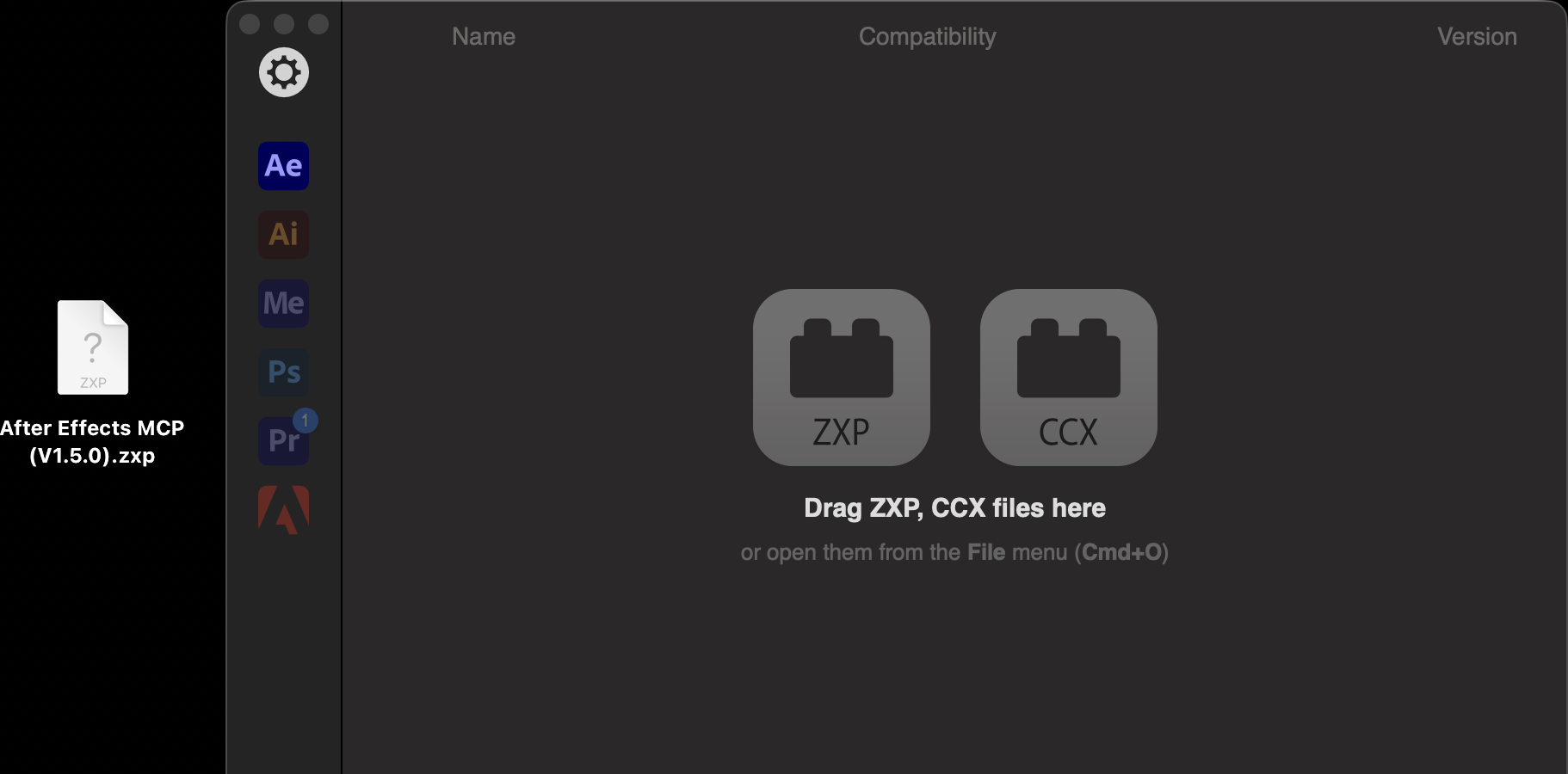 The ZXP UXP Installer showing its ZXP and CCX drop targets, with the After Effects MCP v1.5.0 .zxp file on the desktop beside the window